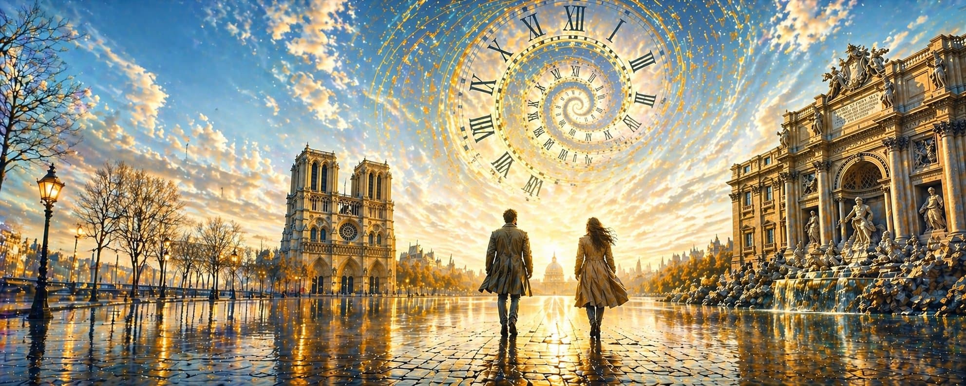Notre-Dame de Paris au coucher du soleil avec horloge spirale dans le ciel