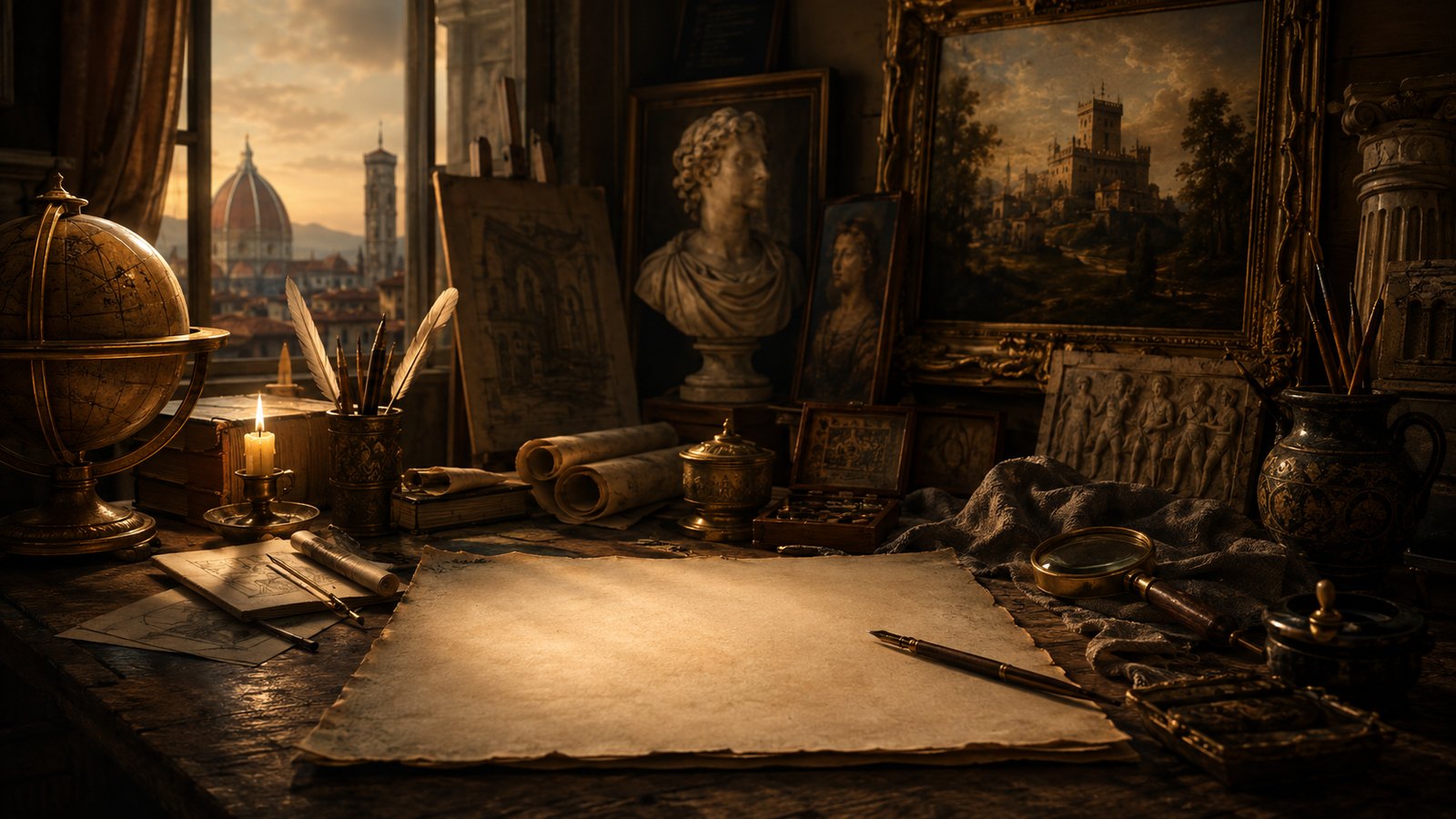 Le cabinet d'un curiographe : globe, plume, gravures et vue sur Florence au couchant.