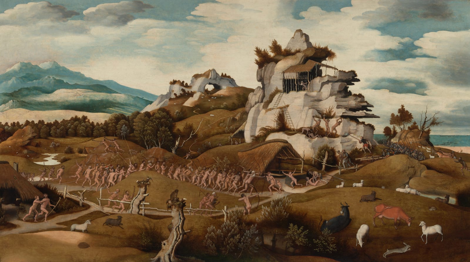 Landschap met een episode uit de verovering van Amerika van Jan Mostaert