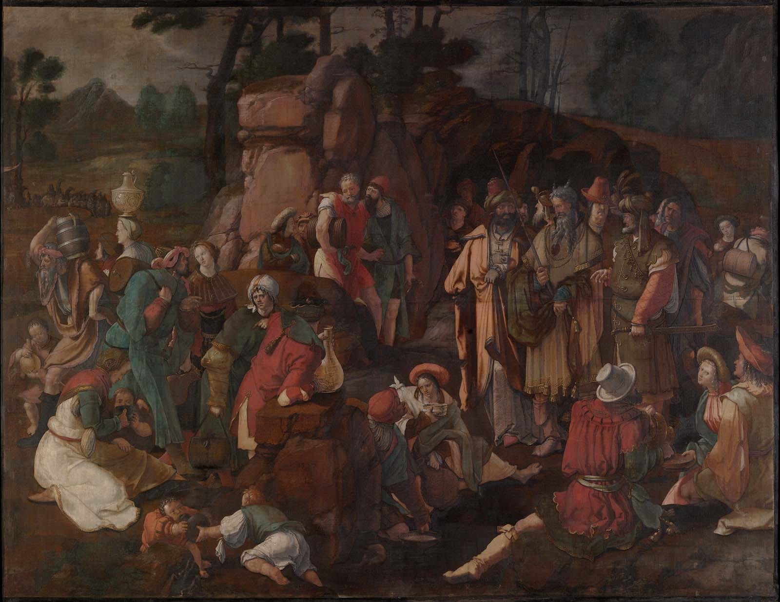 Mozes slaat water uit de rots — Lucas van Leyden, 1527
