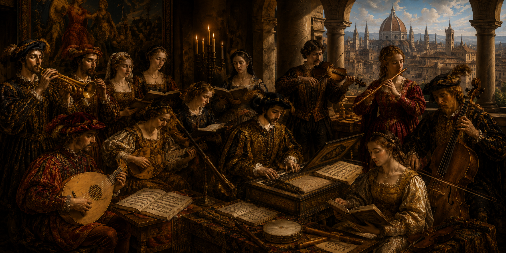Ensemble de musiciens Renaissance jouant du luth, de la flûte et du clavecin