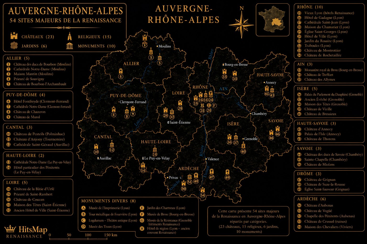 Carte des sites Renaissance en Auvergne-Rhône-Alpes