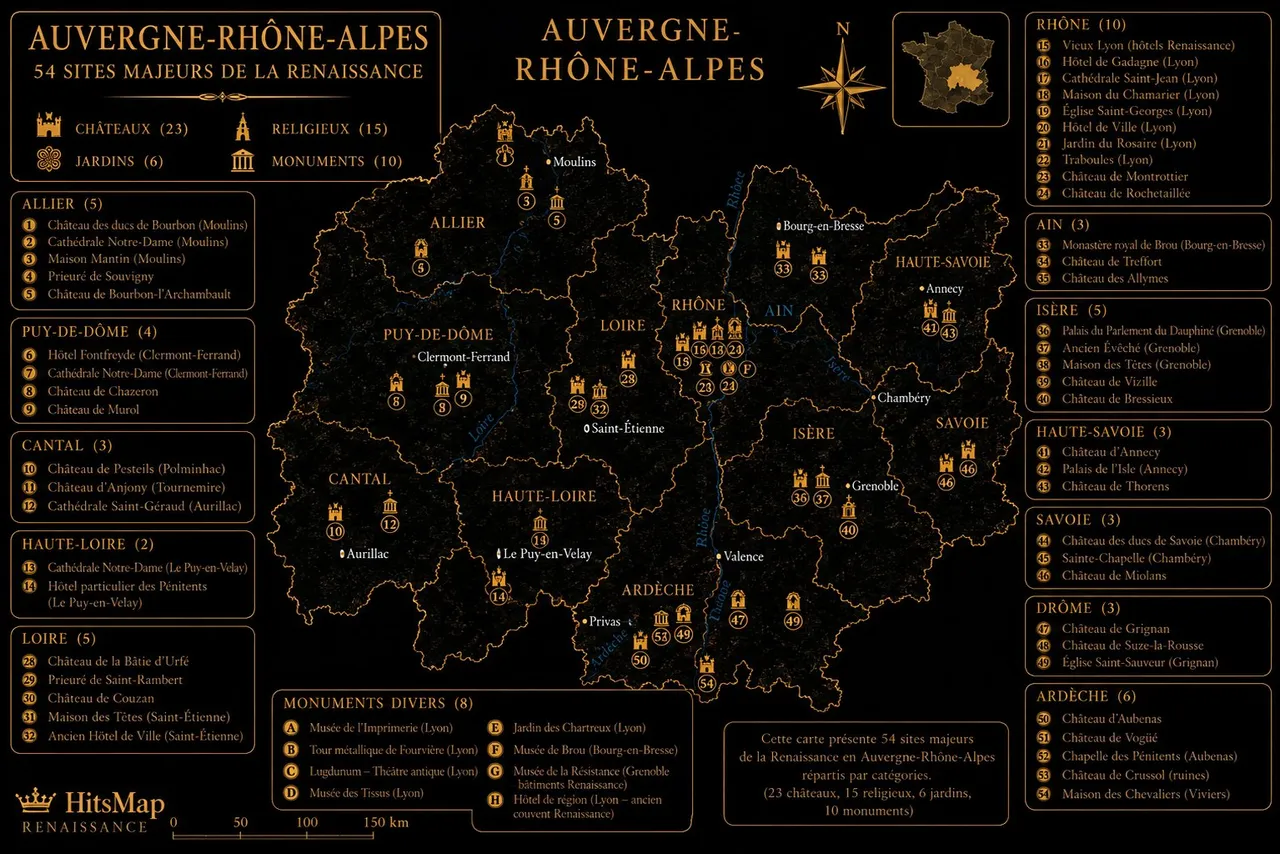 Carte des sites Renaissance en Auvergne-Rhône-Alpes