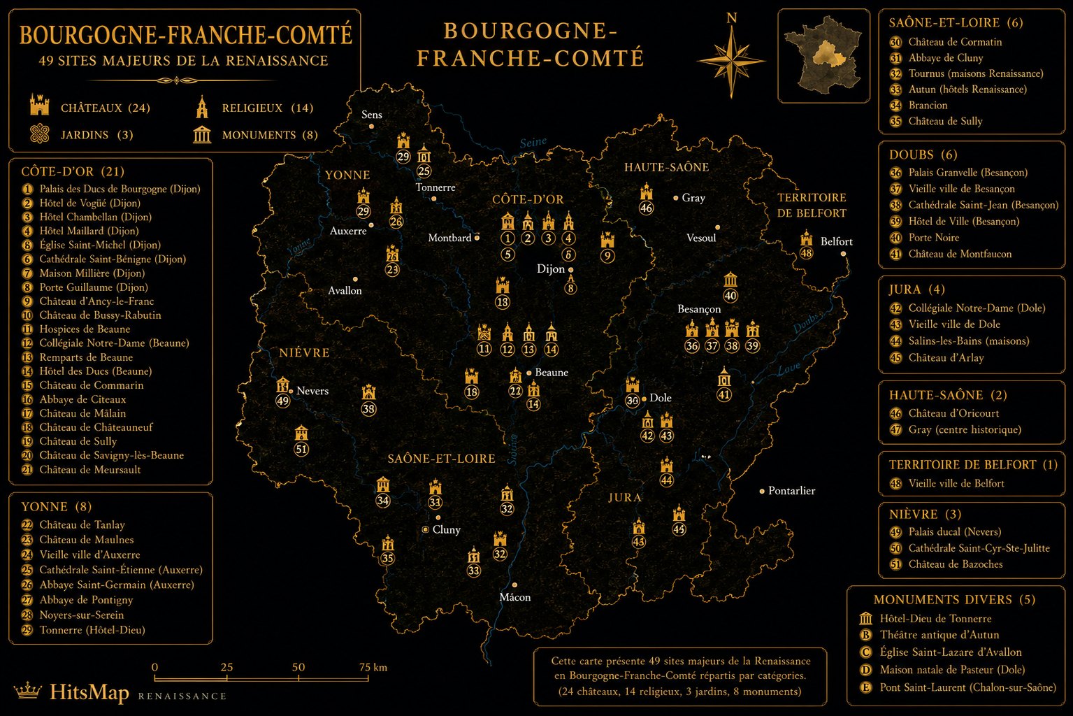 Carte des sites Renaissance en Bourgogne-Franche-Comté
