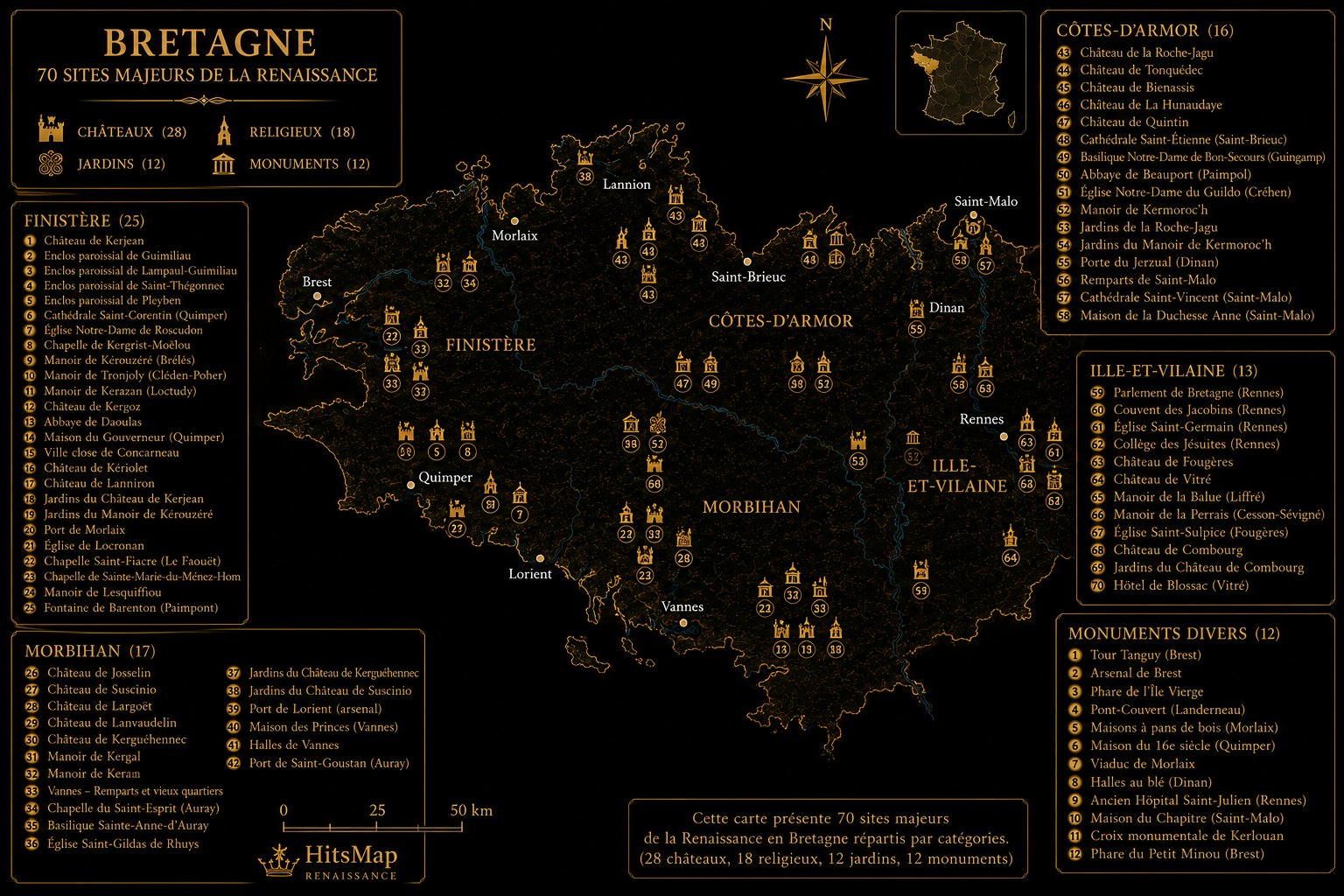 Carte des sites Renaissance en Bretagne