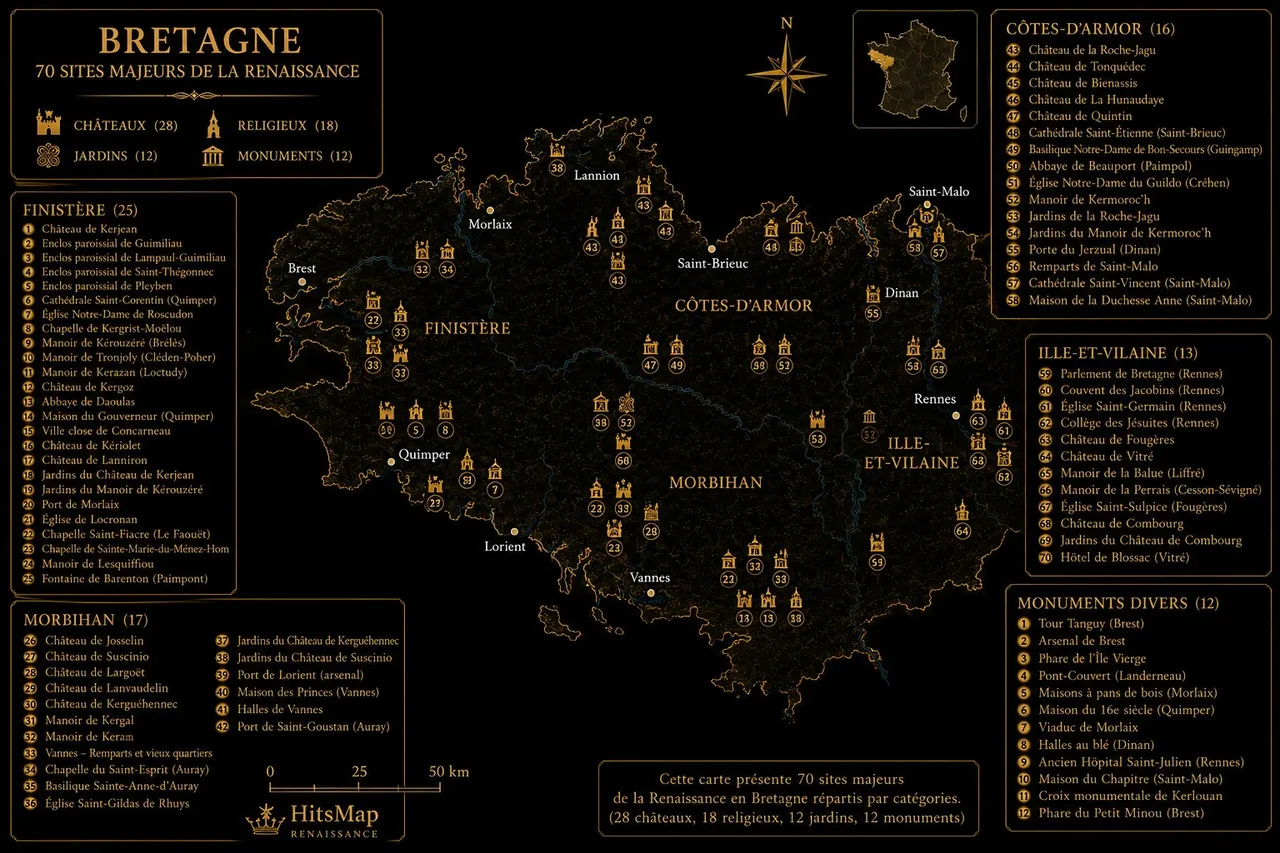 Carte des sites Renaissance en Bretagne