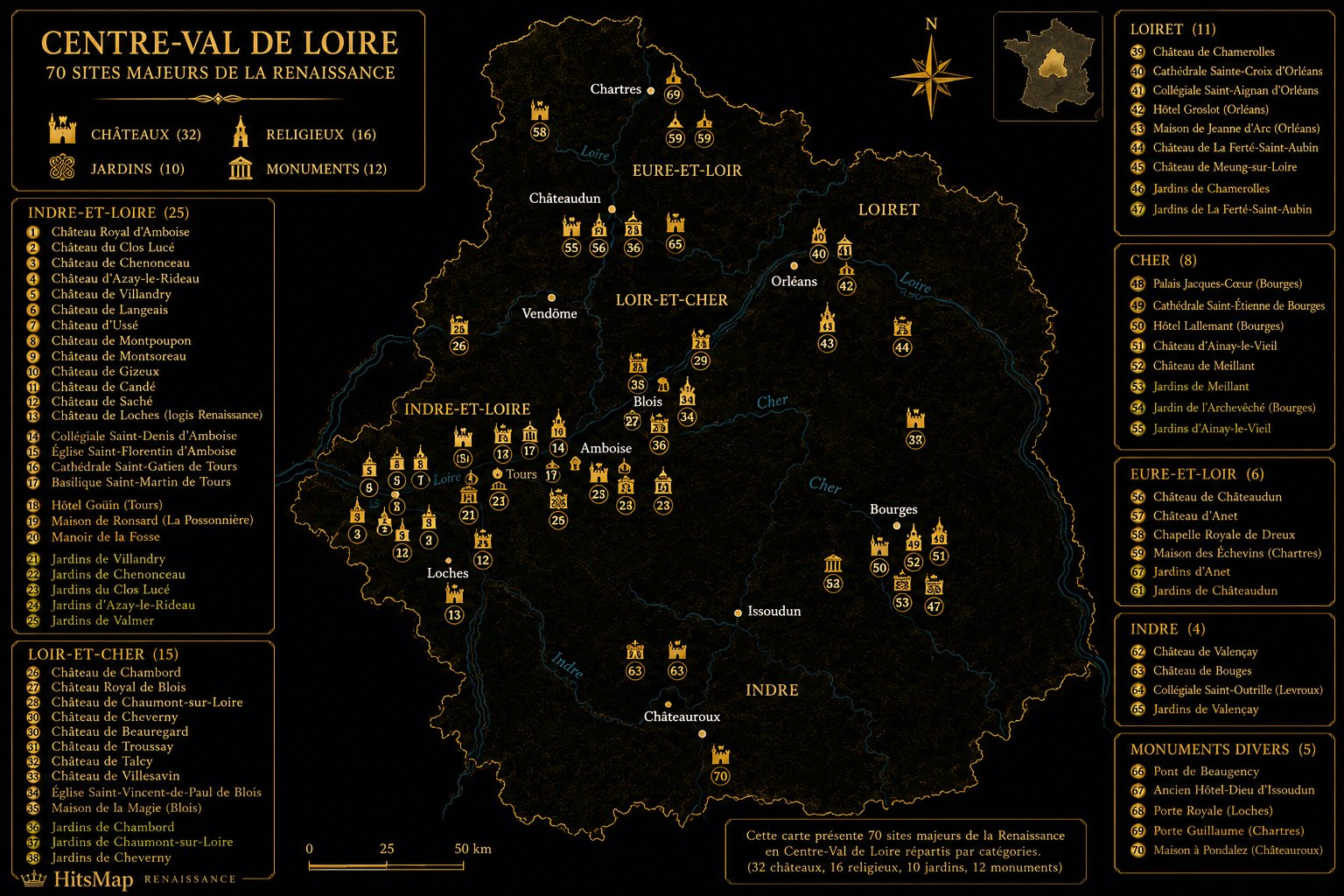 Carte des sites Renaissance en Centre-Val de Loire