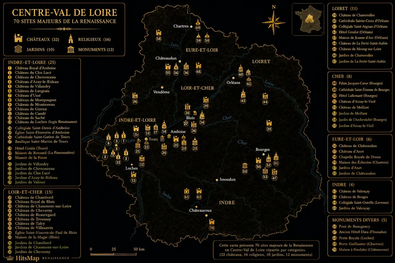 Carte des sites Renaissance en Centre-Val de Loire
