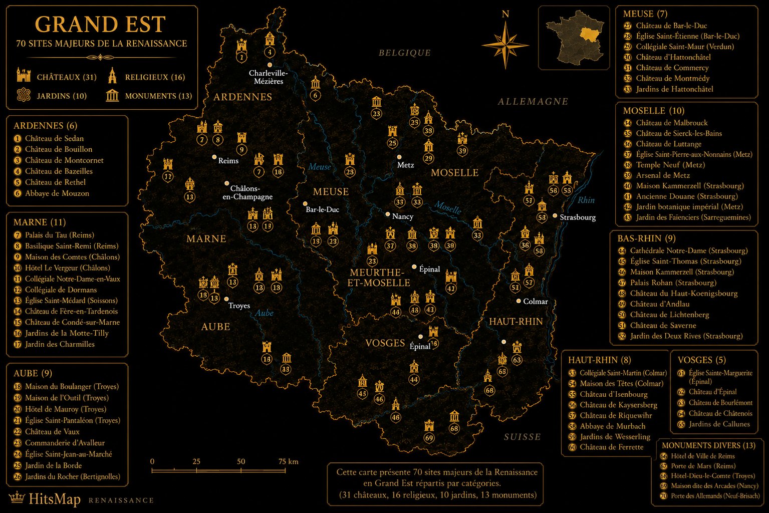 Carte des sites Renaissance en Grand Est