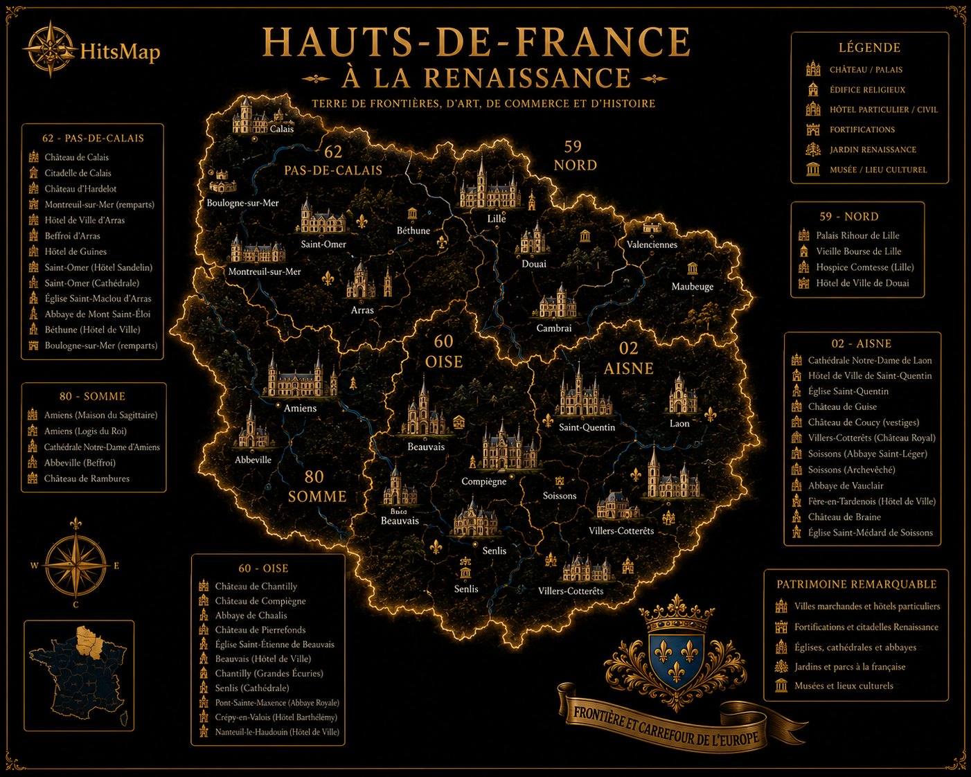 Carte des sites Renaissance en Hauts-de-France