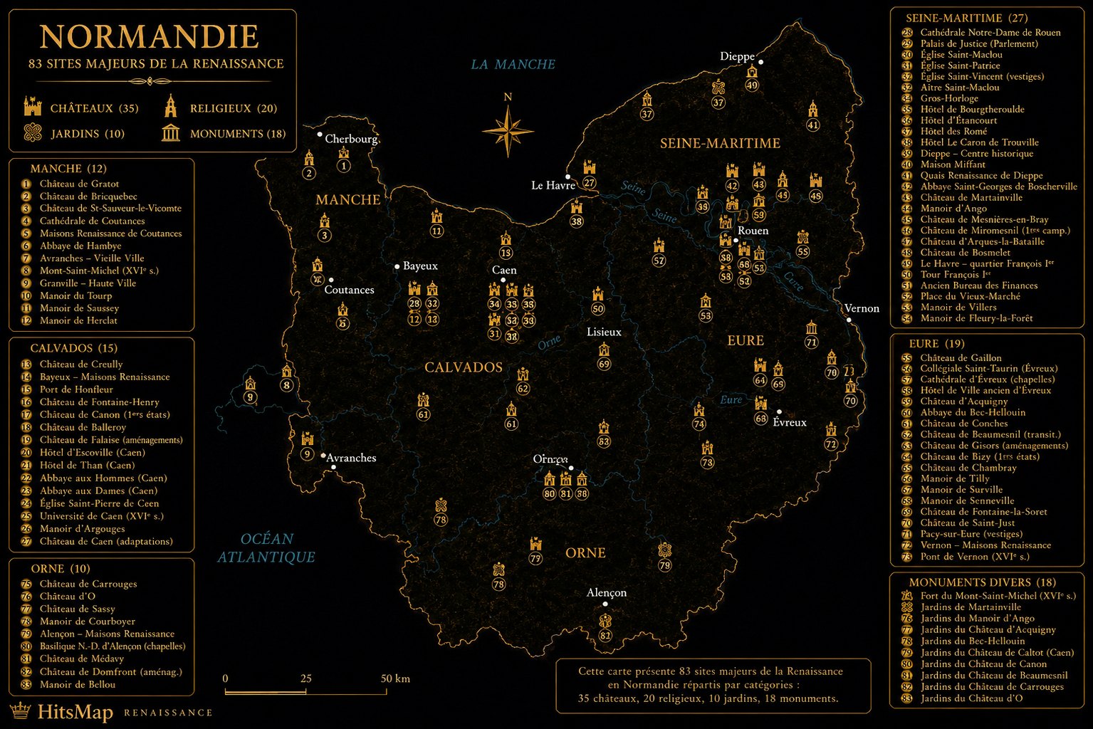 Carte des sites Renaissance en Normandie