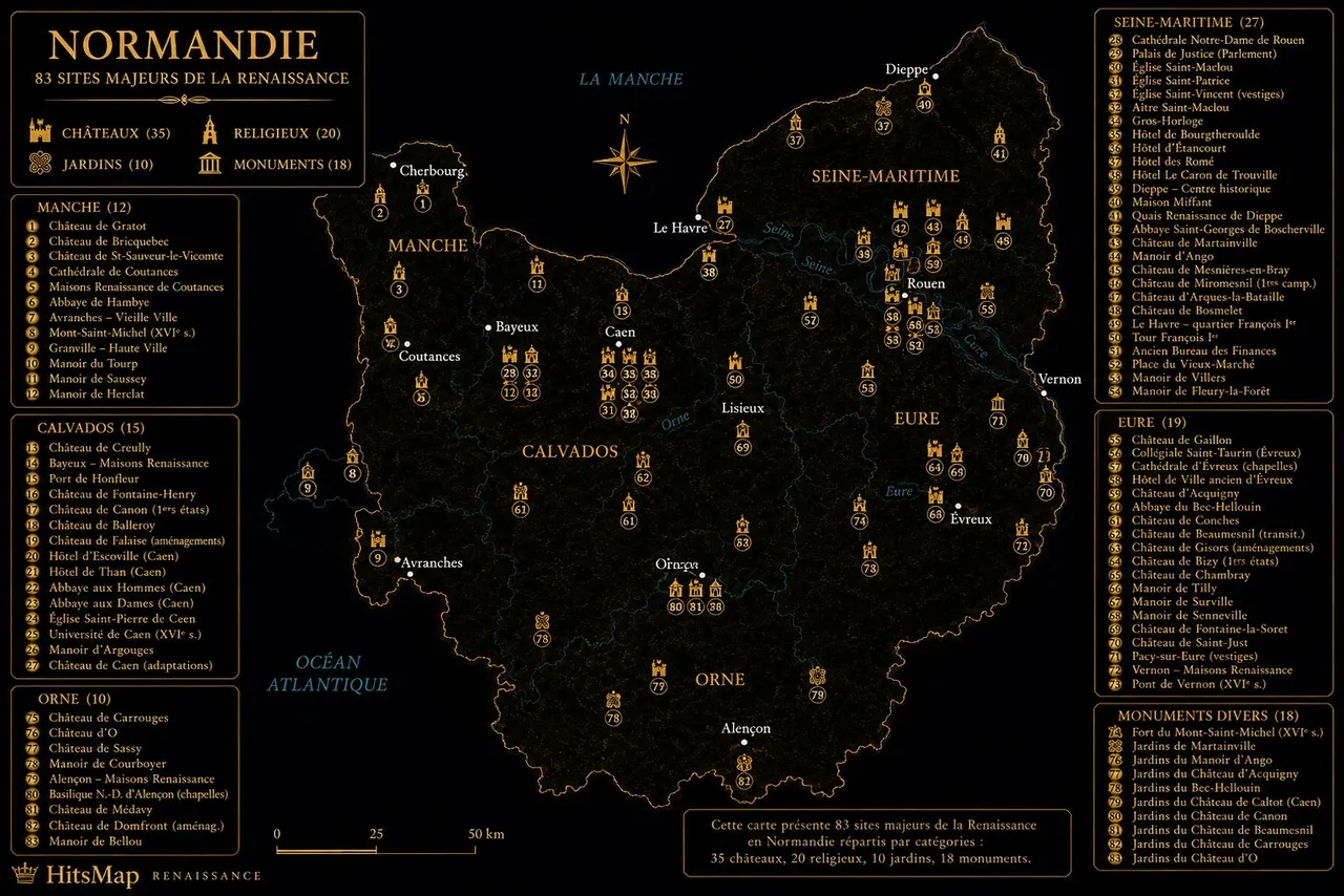 Carte des sites Renaissance en Normandie