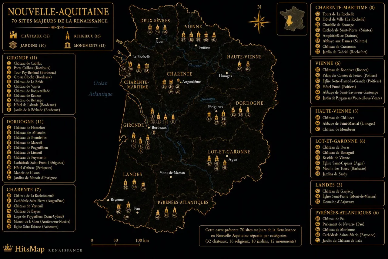Carte des sites Renaissance en Nouvelle-Aquitaine