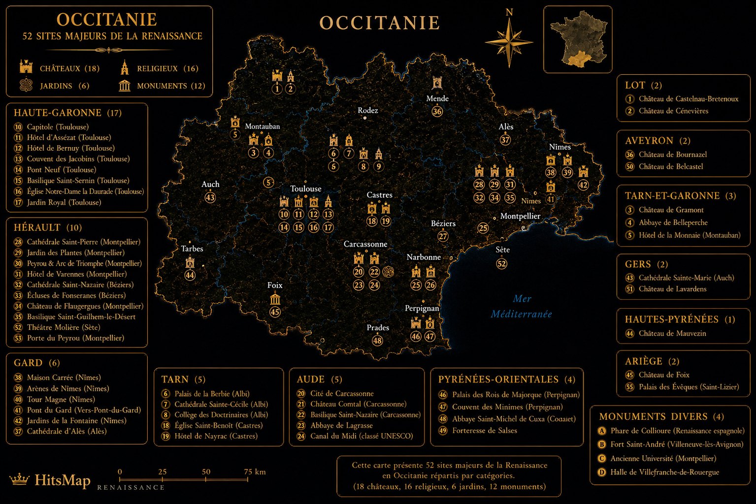 Carte des sites Renaissance en Occitanie