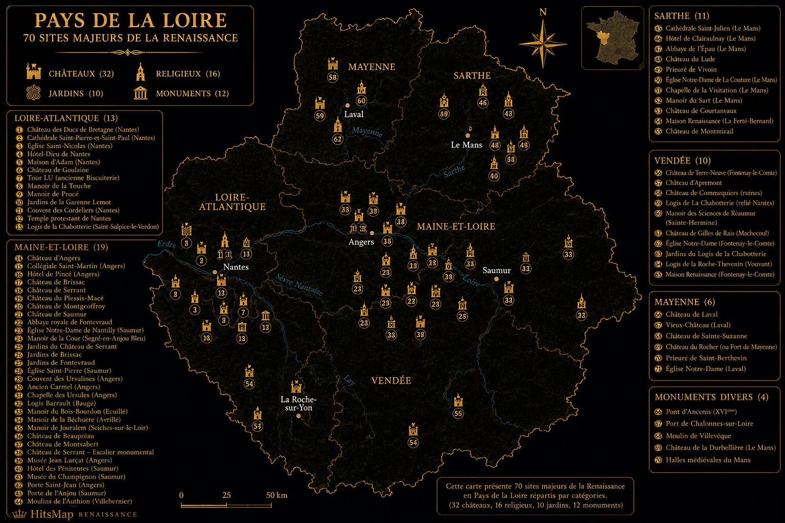 Carte des sites Renaissance en Pays de la Loire
