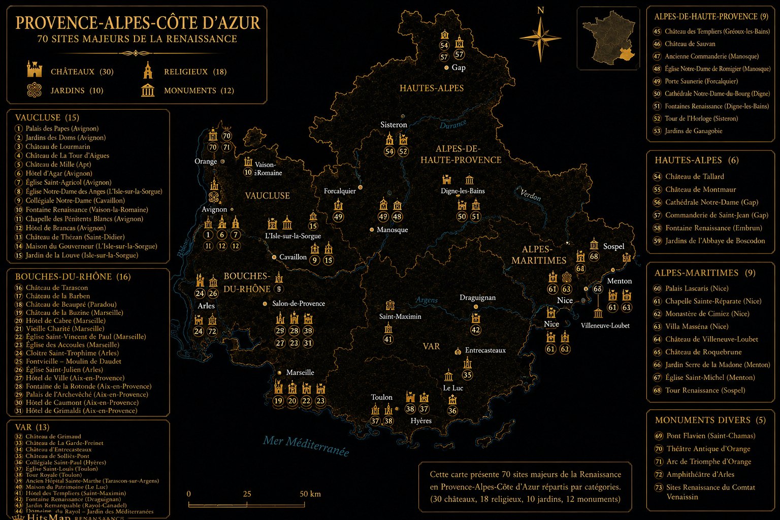 Carte des sites Renaissance en Provence-Alpes-Côte d'Azur
