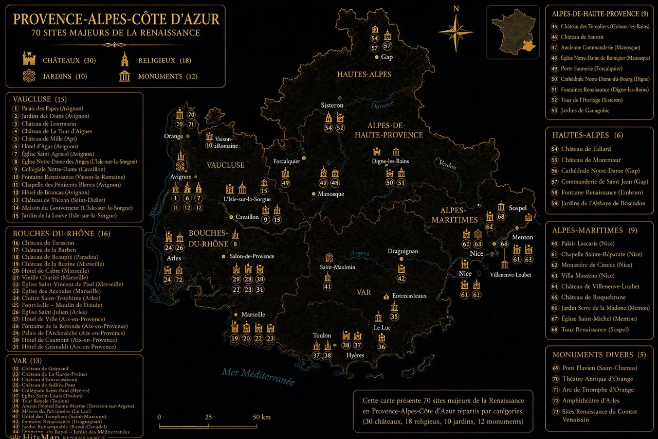 Carte des sites Renaissance en Provence-Alpes-Côte d'Azur